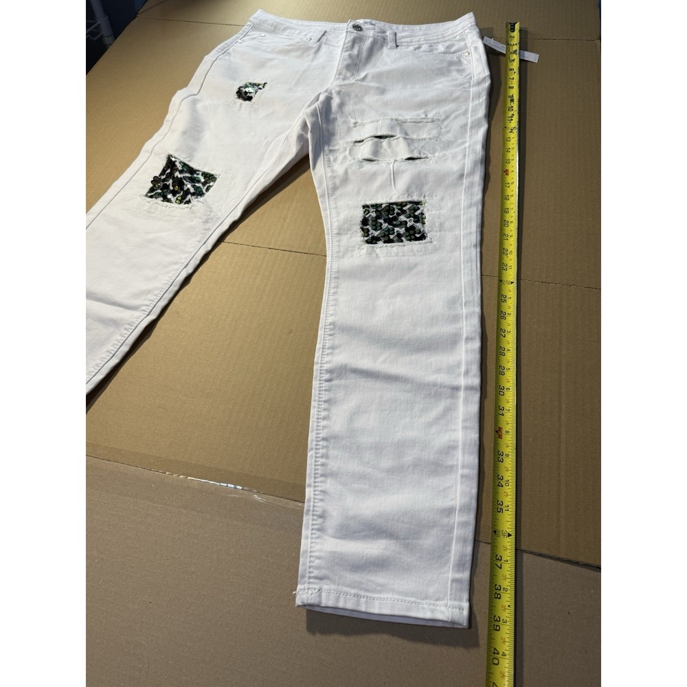 Venus Jeans Woman's Size 14 White Distressed Sequin Patch Skinny Stretch Denim‎